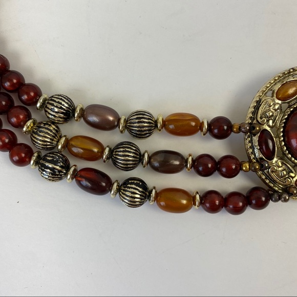 VTG Red Bead 3 Strand Collar Necklace Multistrand - Picture 5 of 13